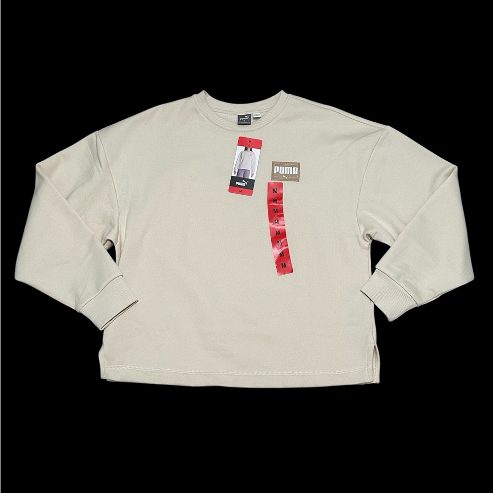 Women's PUMA Medium 8 10 Cream Fleece Sweatshirt Logo Crew Pullover Long Sleeve - Picture 4 of 12